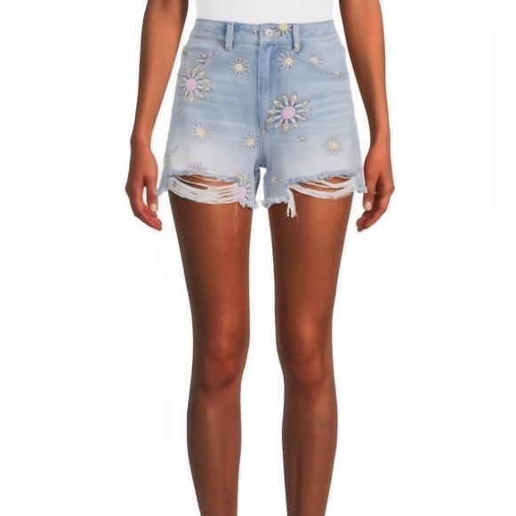 No Boundaries Juniors Size 7 Denim Raw Hem Floral Boho Hippie Shorts Hi-Rise - Picture 2 of 9